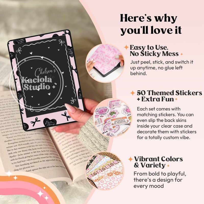 KACIOLA STUDIO 24PCS Pink Bow Skin for E-Reader, and 4PCS Type C Charms for E-Reader with Scrapbook Stickers, 7"x5" Skin Front and Back Decal Inserts for Paper White 12th (Pink Bow) - Image 4